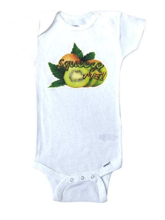 Squeeze Me white baby bodysuit glitter kiwi hand-pressed  
White kiwi baby romper 18 months fruit pun onesie
www.justsaynpromos.com