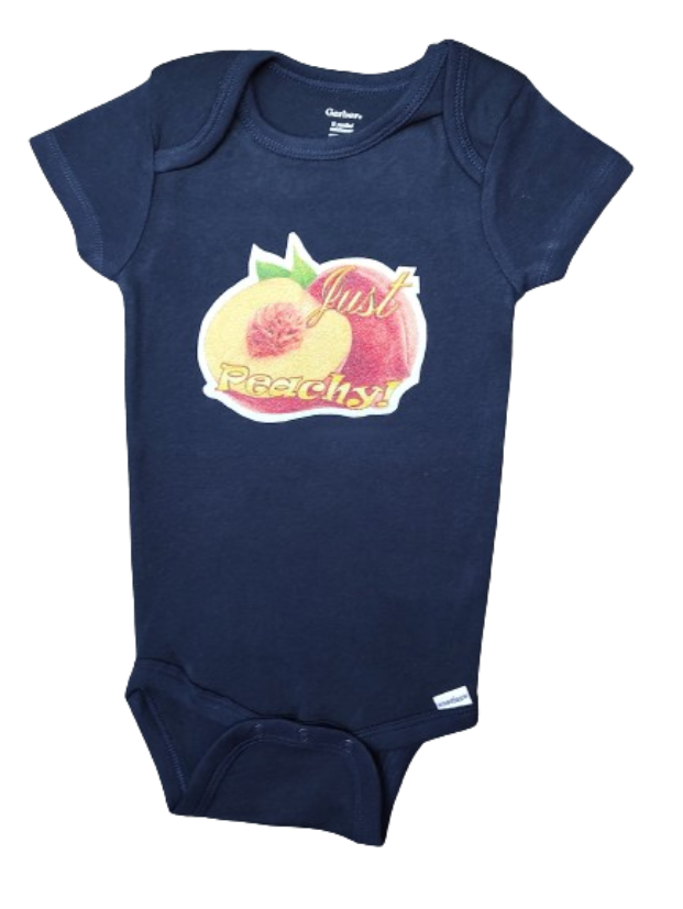 Just Peachy navy blue baby bodysuit glitter peach graphic hand-pressed  
Glitter-infused navy blue baby onesie with peach design 12 months
www.justsaynpromos.com