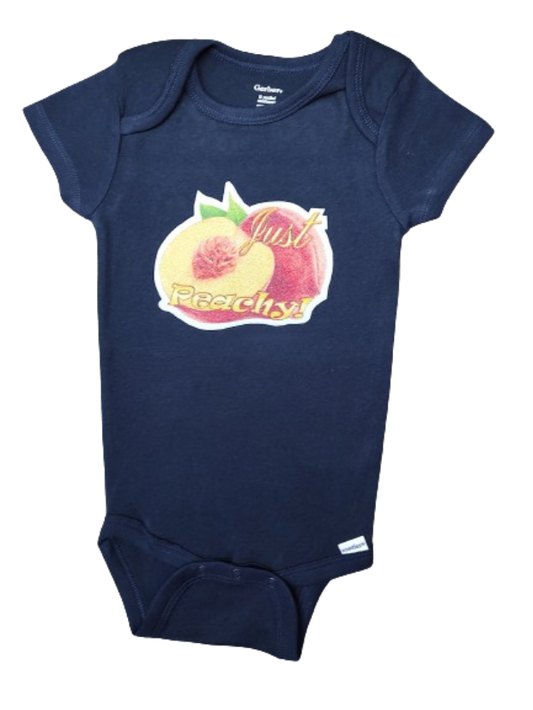 Just Peachy navy blue baby bodysuit glitter peach graphic hand-pressed  
Glitter-infused navy blue baby onesie with peach design 12 months
www.justsaynpromos.com
