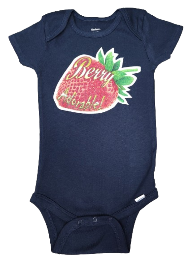 Berry Adorable navy blue baby bodysuit glitter strawberry hand pressed
Fruit-themed navy baby romper 18 month berry cute gift outfit

www.justsaynpromos.com