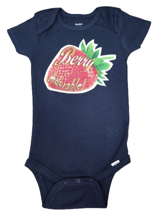 Berry Adorable navy blue baby bodysuit glitter strawberry hand pressed
Fruit-themed navy baby romper 18 month berry cute gift outfit

www.justsaynpromos.com