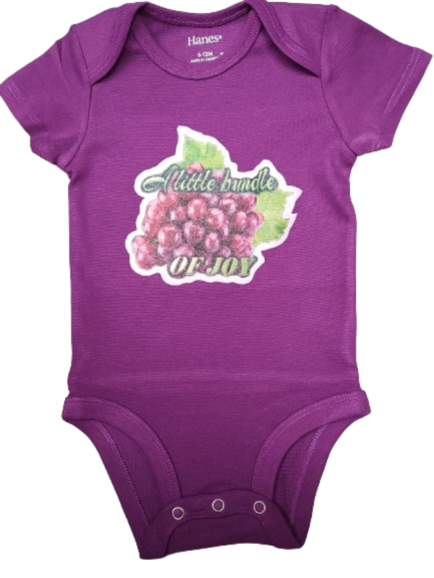 A Little Bundle of Joy dark purple baby bodysuit glitter grapes hand pressed  
Bundle of joy baby onesie purple grape graphic
www.justsaynpromos.com