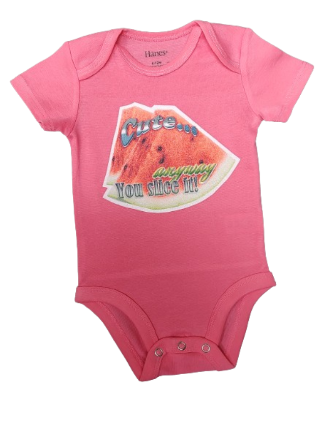 Cute anyway you slice it pink baby bodysuit glitter watermelon hand-pressed  
Watermelon baby bodysuit 6-12 months fruit pun onesie
www.justsaynpromos.com