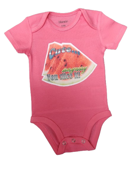 Cute anyway you slice it pink baby bodysuit glitter watermelon hand-pressed  
Watermelon baby bodysuit 6-12 months fruit pun onesie
www.justsaynpromos.com