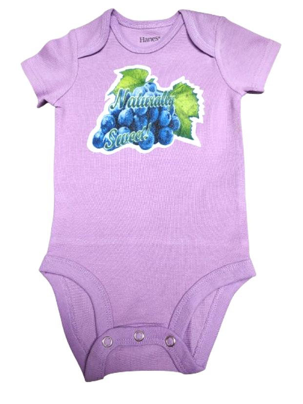 Naturally Sweet light purple baby bodysuit glitter blue grapes hand-pressed  
Purple fruit-themed baby bodysuit 6-12 months
www.justsaynpromos.com