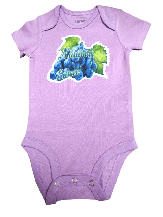 Naturally Sweet light purple baby bodysuit glitter blue grapes hand-pressed  
Purple fruit-themed baby bodysuit 6-12 months
www.justsaynpromos.com