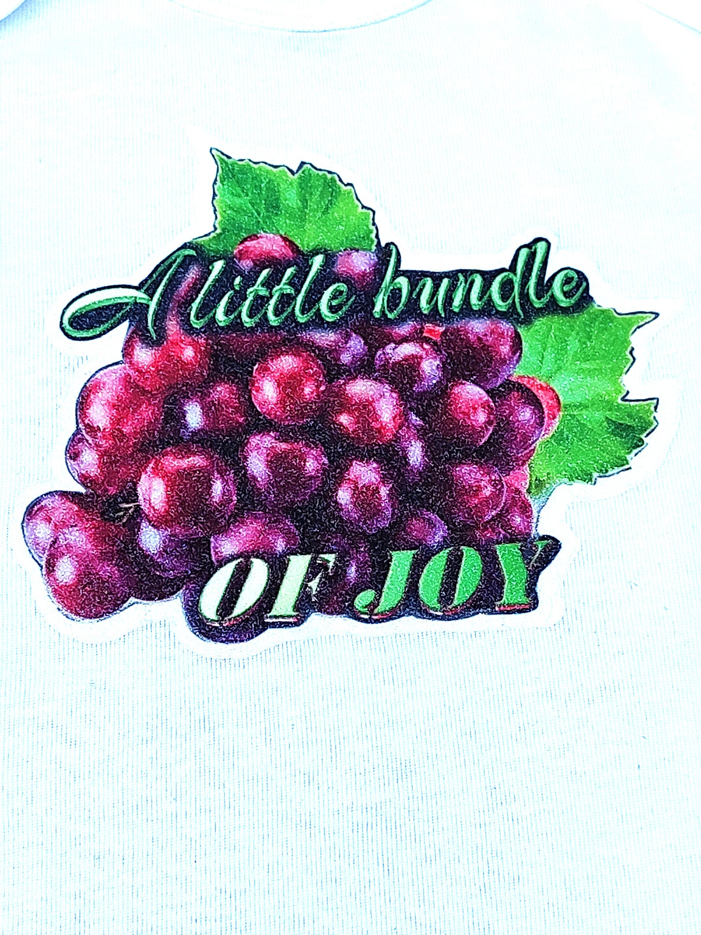 A Little Bundle of Joy white baby bodysuit glitter grapes hand-pressed  
Bundle of joy baby onesie white grape graphic 18 months
www.justsaynpromos.com