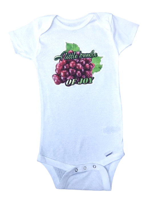 A Little Bundle of Joy white baby bodysuit glitter grapes hand-pressed  
Bundle of joy baby onesie white grape graphic 18 months
www.justsaynpromos.com