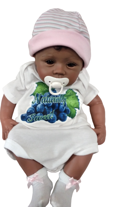 Naturally Sweet white baby bodysuit glitter blue grapes hand-pressed  
White fruit-themed baby romper 6-12 months
www.justsaynpromos.comwww.justsaynpromos.com