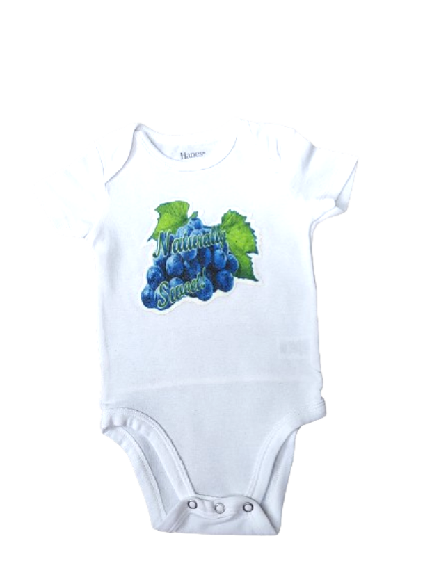 Naturally Sweet white baby bodysuit glitter blue grapes hand-pressed  
White fruit-themed baby romper 6-12 months
www.justsaynpromos.com