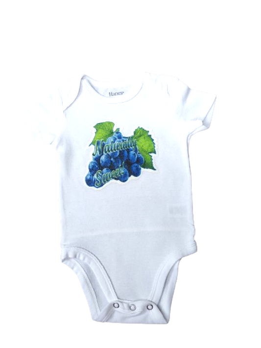 Naturally Sweet white baby bodysuit glitter blue grapes hand-pressed  
White fruit-themed baby romper 6-12 months
www.justsaynpromos.com
