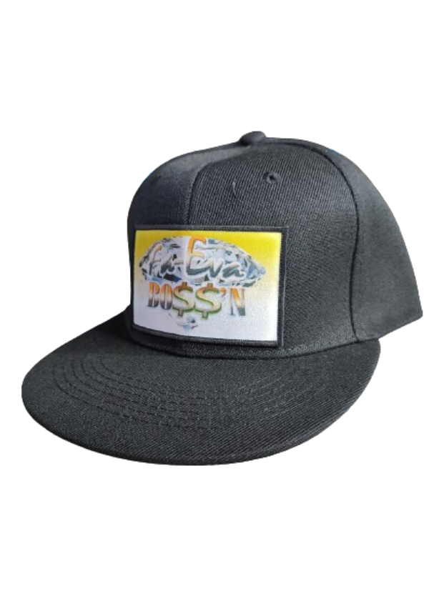 Fa-Eva Boss'n Diamond  and Money Signs Black Frame 6 Panel Flat Bill Hat Black www.justsaynpromos.com