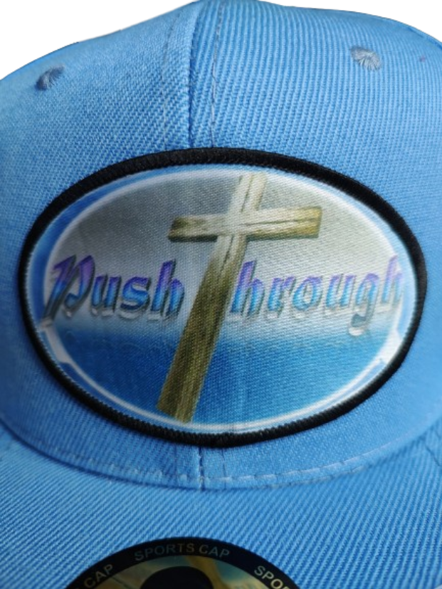 Push Through Cross Black Frame 6 Panel Flat Bill Hat Blue www.justsaynpromos.com