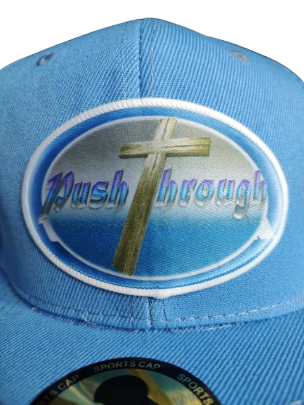 Push Through Cross White Frame 6 Panel Flat Bill Hat Blue www.justsaynpromos.com