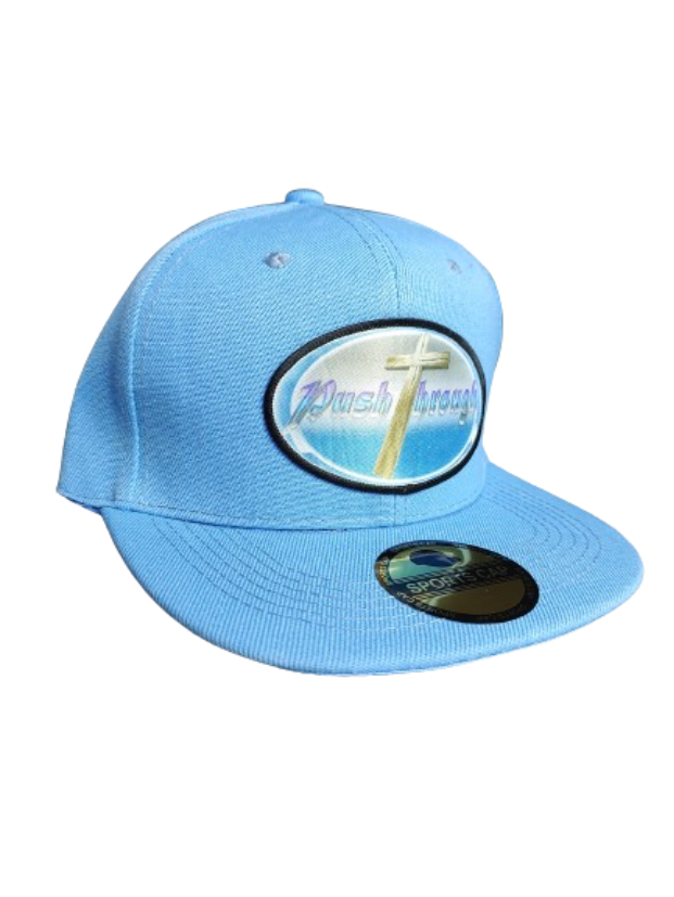 Push Through Cross Black Frame 6 Panel Flat Bill Hat Blue www.justsaynpromos.com