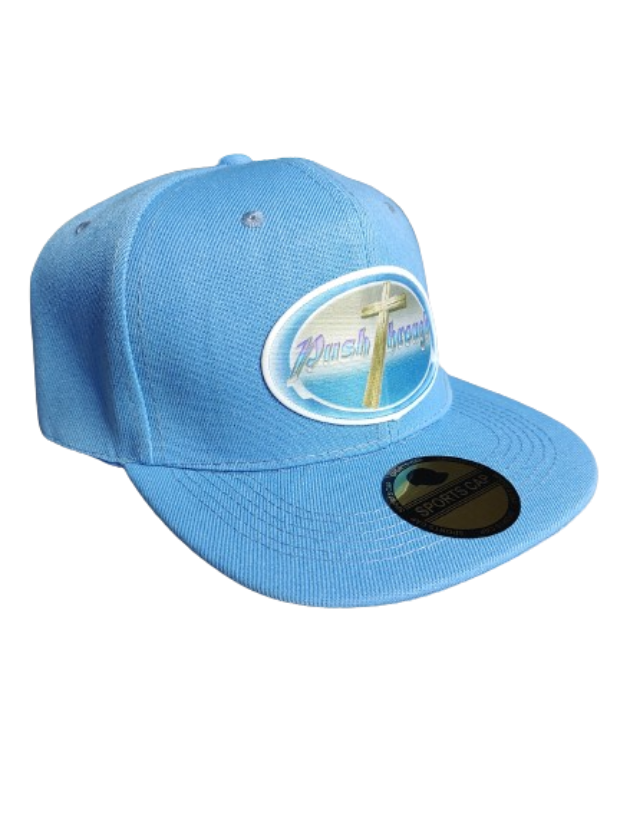 Push Through Cross White Frame 6 Panel Flat Bill Hat Blue www.justsaynpromos.com