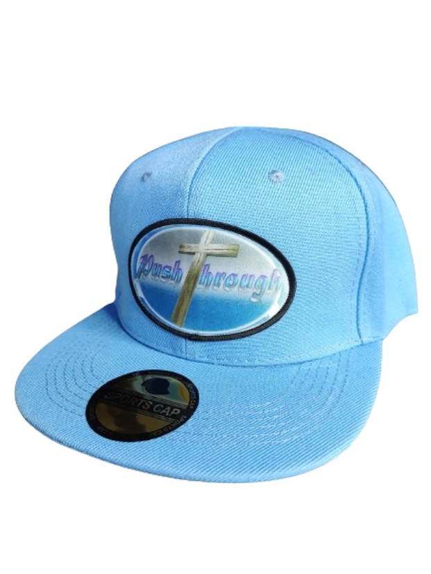 Push Through Cross Black Frame 6 Panel Flat Bill Hat Blue www.justsaynpromos.com