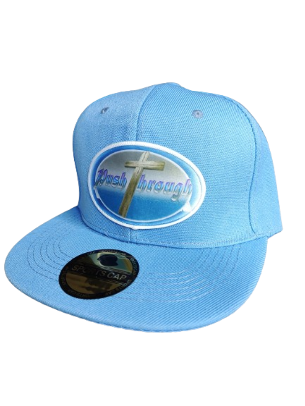 Push Through Cross White Frame 6 Panel Flat Bill Hat Blue www.justsaynpromos.com