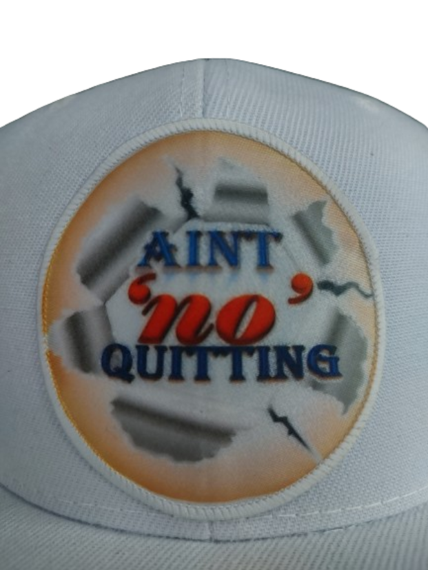 Aint 'no' Quitting White Frame 6 Panel Snapback Flat Bill Hat White www.justsaynpromos.com