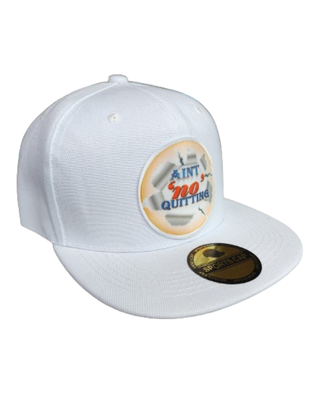 Aint 'no' Quitting White Frame 6 Panel Snapback Flat Bill Hat White www.justsaynpromos.com