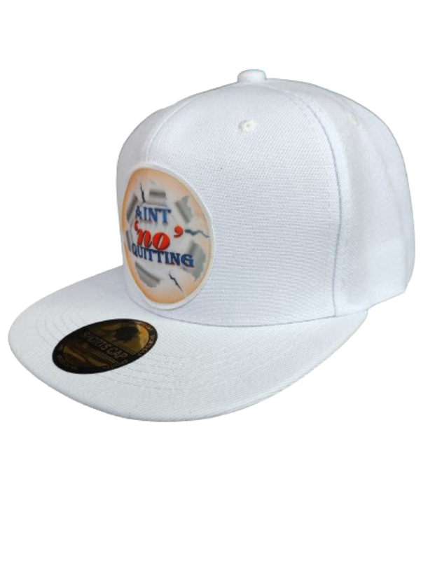 Aint 'no' Quitting White Frame 6 Panel Snapback Flat Bill Hat White www.justsaynpromos.com