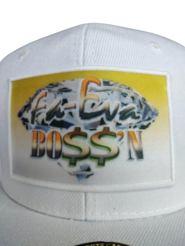 Fa-Eva Boss'n Diamond and Money Signs White Frame 6 Panel Flat Bill Hat White www.justsaynpromos.com