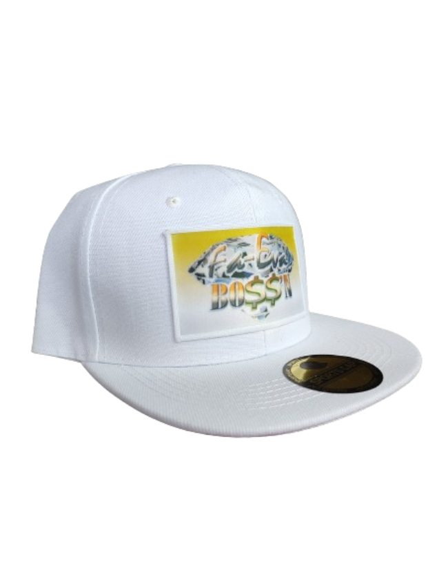 Fa-Eva Boss'n Diamond and Money Signs White Frame 6 Panel Flat Bill Hat White www.justsaynpromos.com