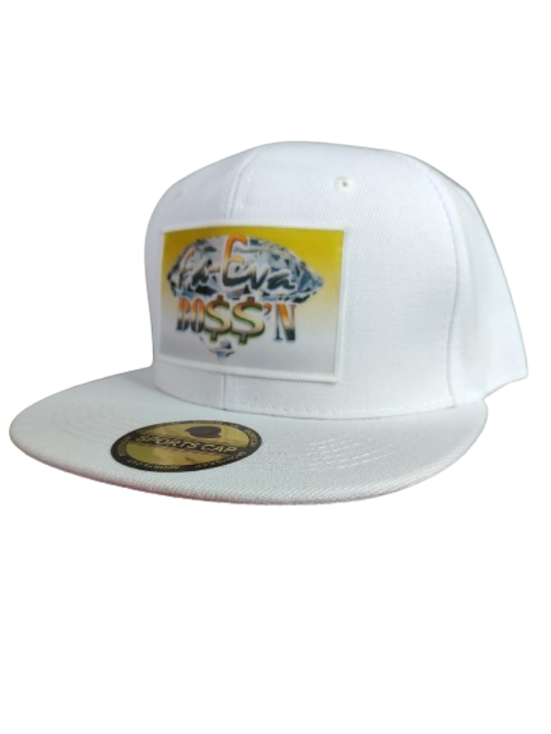 Fa-Eva Boss'n Diamond and Money Signs White Frame 6 Panel Flat Bill Hat White www.justsaynpromos.com
