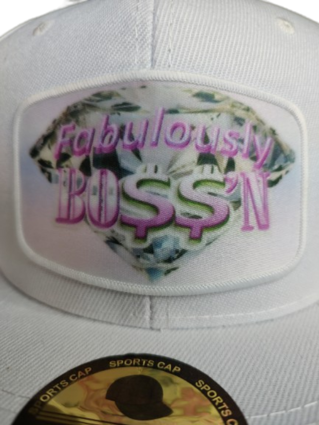 Fabulously Boss'n Diamond White Frame 6 Panel Flat Bill Hat White www.justsaynpromos.com