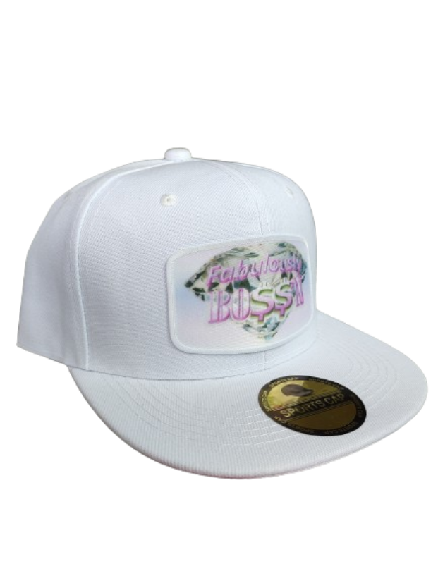 Fabulously Boss'n Diamond White Frame 6 Panel Flat Bill Hat White www.justsaynpromos.com