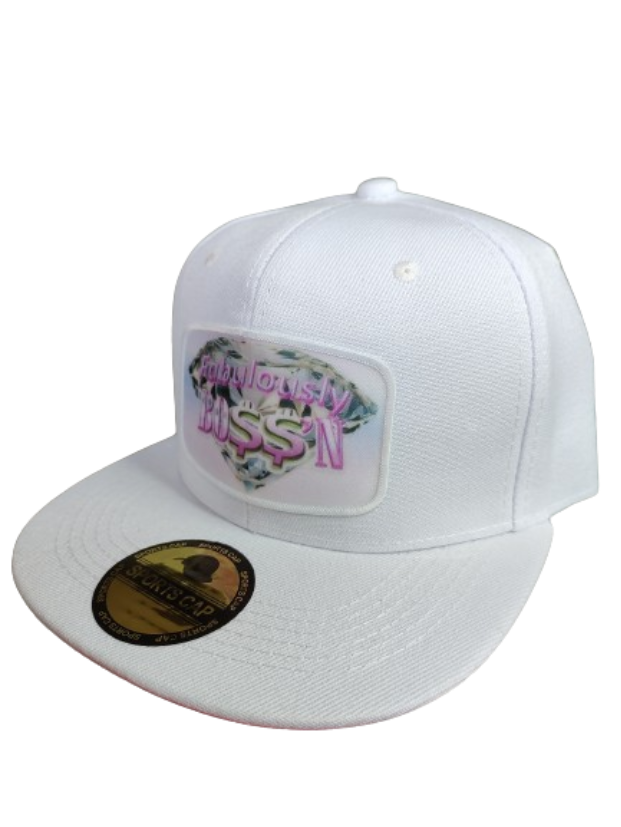 Fabulously Boss'n Diamond White Frame 6 Panel Flat Bill Hat White www.justsaynpromos.com