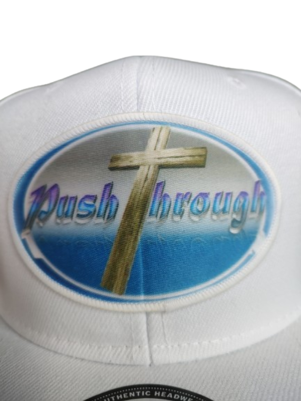 Push Through Cross White Frame 6 Panel Flat Bill Hat White www.justsaynpromos.com