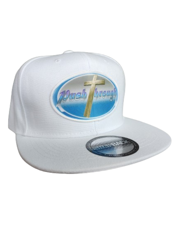 Push Through Cross White Frame 6 Panel Flat Bill Hat White www.justsaynpromos.com