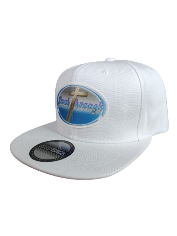 Push Through Cross White Frame 6 Panel Flat Bill Hat White www.justsaynpromos.com