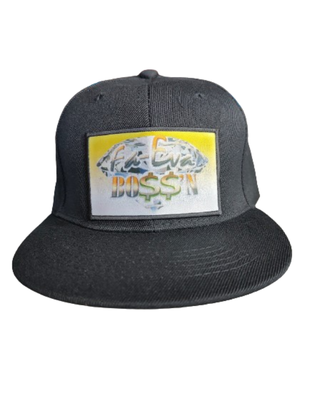 Fa-Eva Boss'n Diamond  and Money Signs Black Frame 6 Panel Flat Bill Hat Black www.justsaynpromos.com