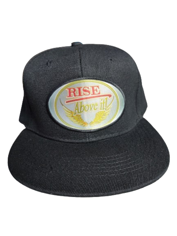 Rise Above It! Wings Black Frame 6 Panel Flat Bill Hat Black www.justsaynpromos.com