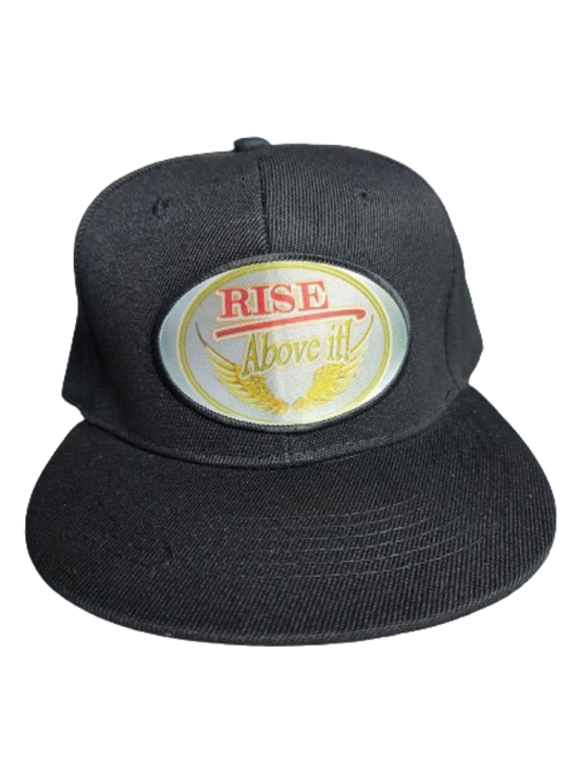Rise Above It! Wings Black Frame 6 Panel Flat Bill Hat Black www.justsaynpromos.com