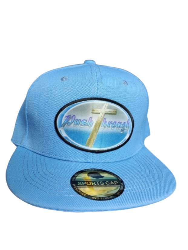 Push Through Cross Black Frame 6 Panel Flat Bill Hat Blue www.justsaynpromos.com