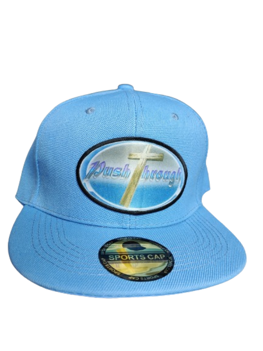 Push Through Cross Black Frame 6 Panel Flat Bill Hat Blue www.justsaynpromos.com