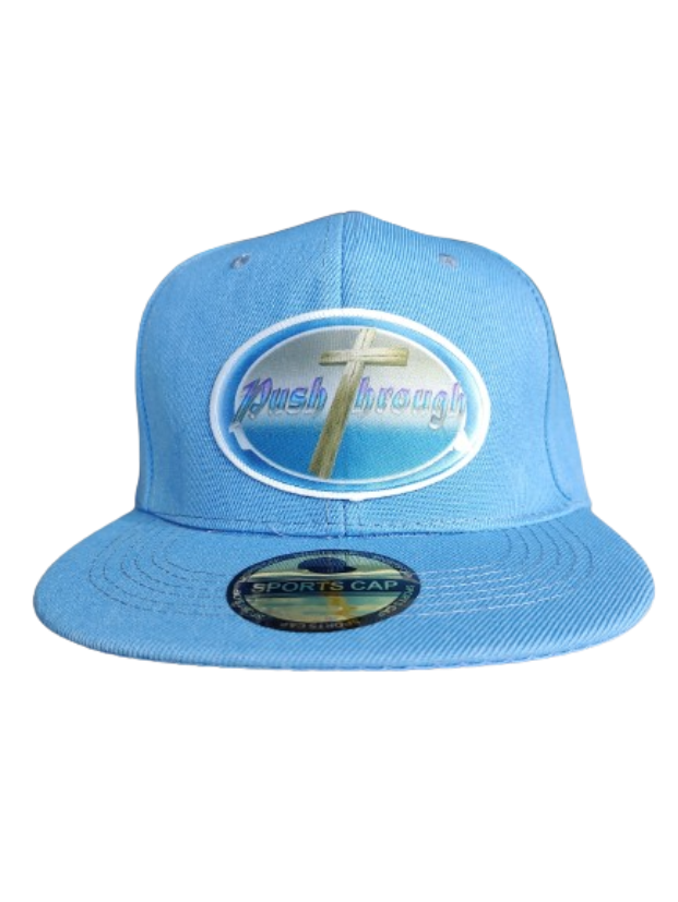 Push Through Cross White Frame 6 Panel Flat Bill Hat Blue www.justsaynpromos.com