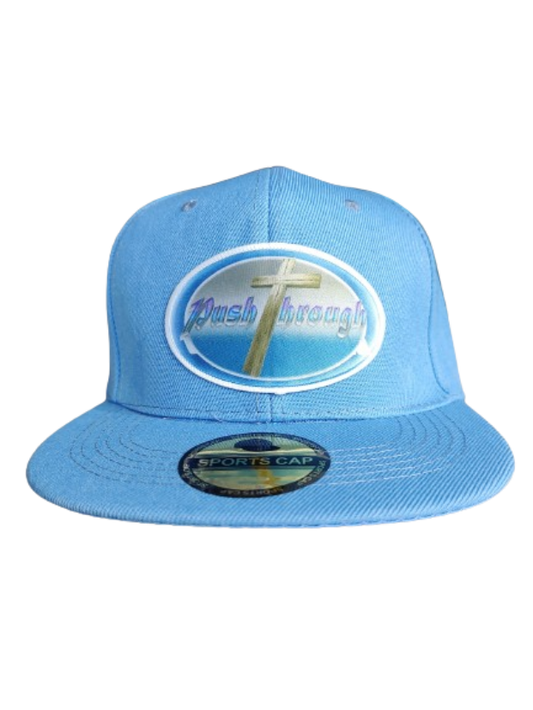 Push Through Cross White Frame 6 Panel Flat Bill Hat Blue www.justsaynpromos.com