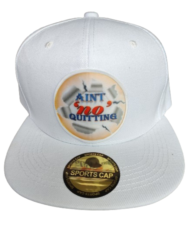 Aint 'no' Quitting White Frame 6 Panel Snapback Flat Bill Hat White www.justsaynpromos.com