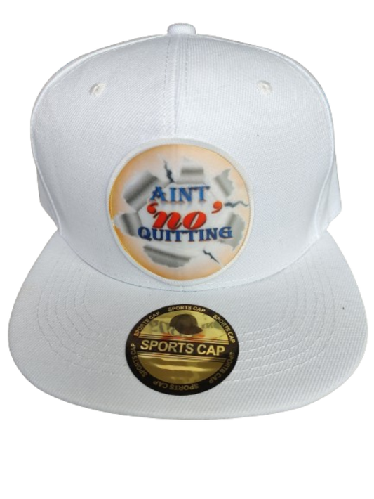 Aint 'no' Quitting White Frame 6 Panel Snapback Flat Bill Hat White www.justsaynpromos.com