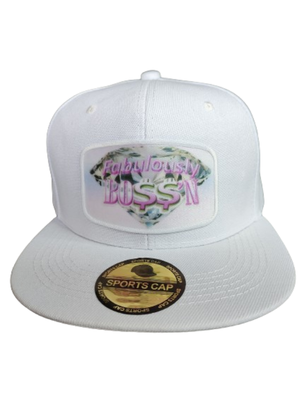 Fabulously Boss'n Diamond White Frame 6 Panel Flat Bill Hat White www.justsaynpromos.com
