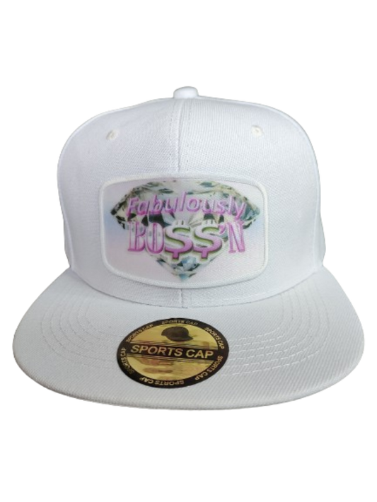 Fabulously Boss'n Diamond White Frame 6 Panel Flat Bill Hat White www.justsaynpromos.com