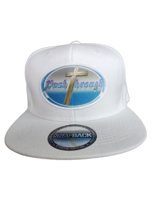 Push Through Cross White Frame 6 Panel Flat Bill Hat White www.justsaynpromos.com