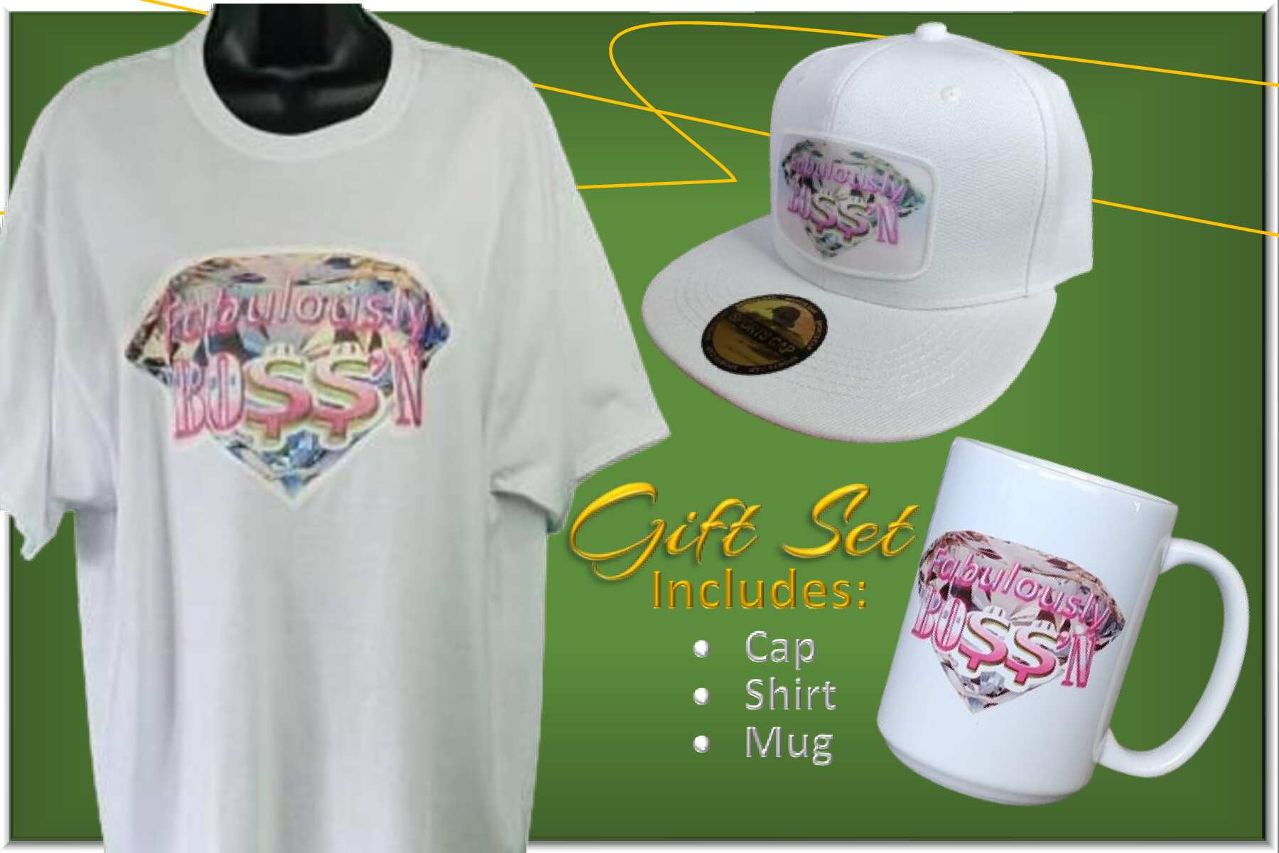Fabulously Boss’n gift set white glitter tee mug hat empowerment gift for her

Women empowerment gift bundle white tee mug and flat‑bill hat

White glitter tee with diamond design, 15 oz motivational mug and hat gift set

Fabulously Boss'n Gift Set - White www.justsaynpromos.com