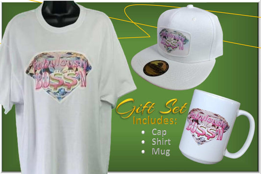 Fabulously Boss’n gift set white glitter tee mug hat empowerment gift for her

Women empowerment gift bundle white tee mug and flat‑bill hat

White glitter tee with diamond design, 15 oz motivational mug and hat gift set

Fabulously Boss'n Gift Set - White www.justsaynpromos.com