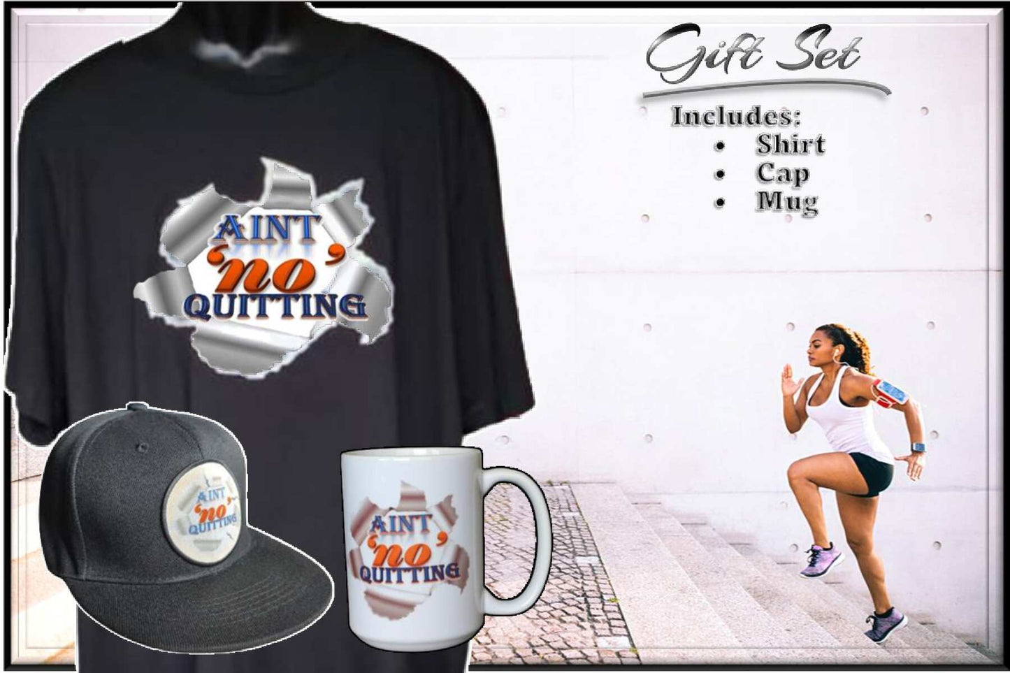 Ain’t 'No' Quitting gift set black tee mug hat empowerment bundle

Motivational glitter tee with mug and hat gift set

Aint 'no' Quitting Gift Set - Black www.justsaynpromos.com