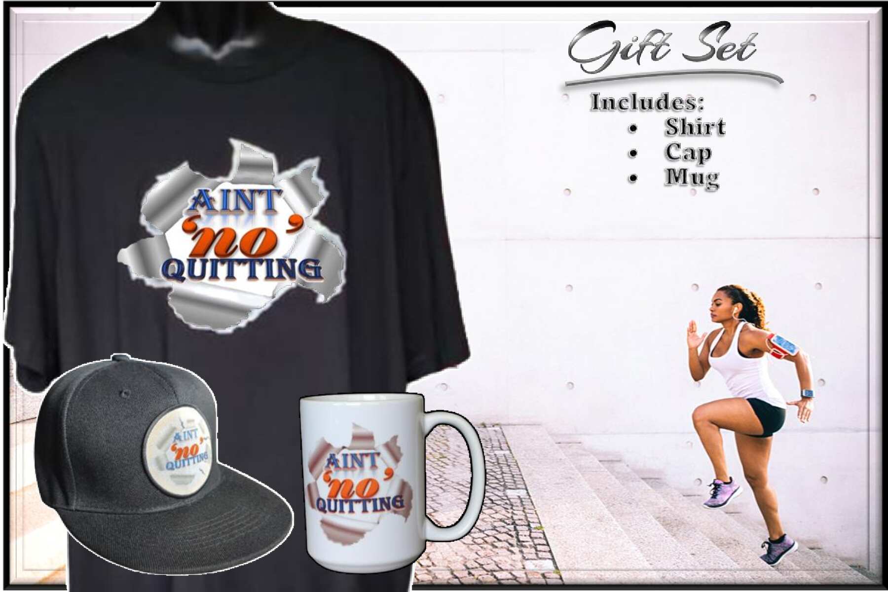 Ain’t 'No' Quitting gift set black tee mug hat empowerment bundle

Motivational glitter tee with mug and hat gift set

Aint 'no' Quitting Gift Set - Black www.justsaynpromos.com